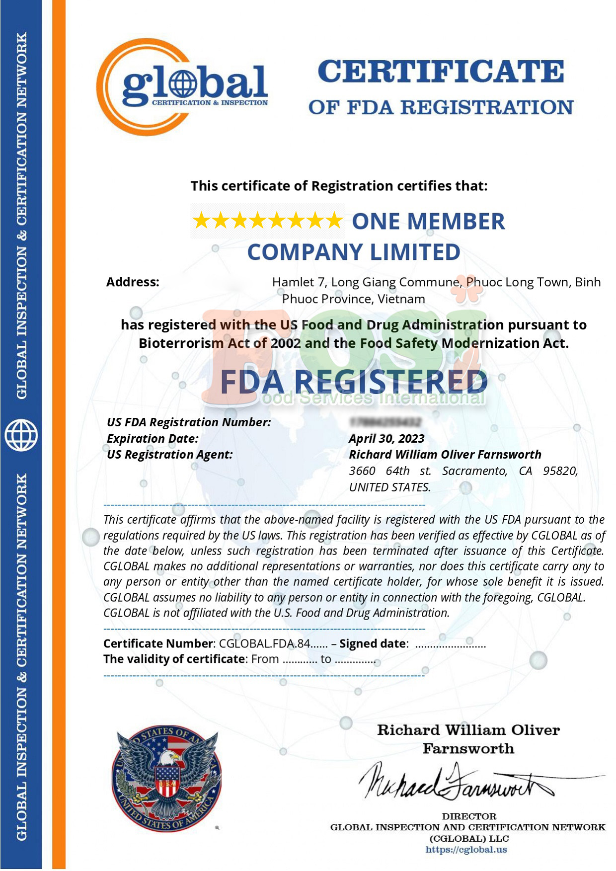 Mẫu giấy chứng nhận FDA Hoa Kỳ cấp cho doanh nghiệp