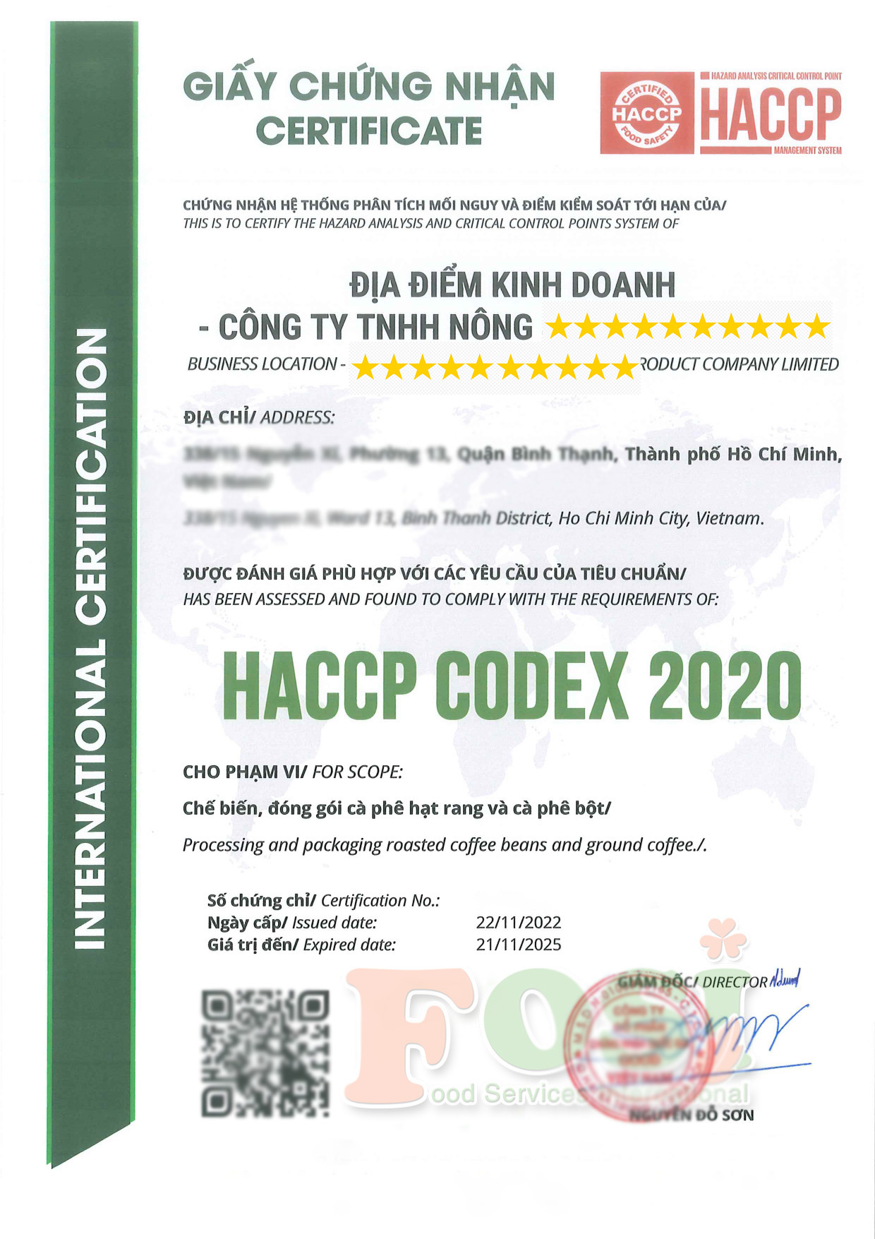 mẫu giấy chứng nhận HACCP cho doanh nghiệp