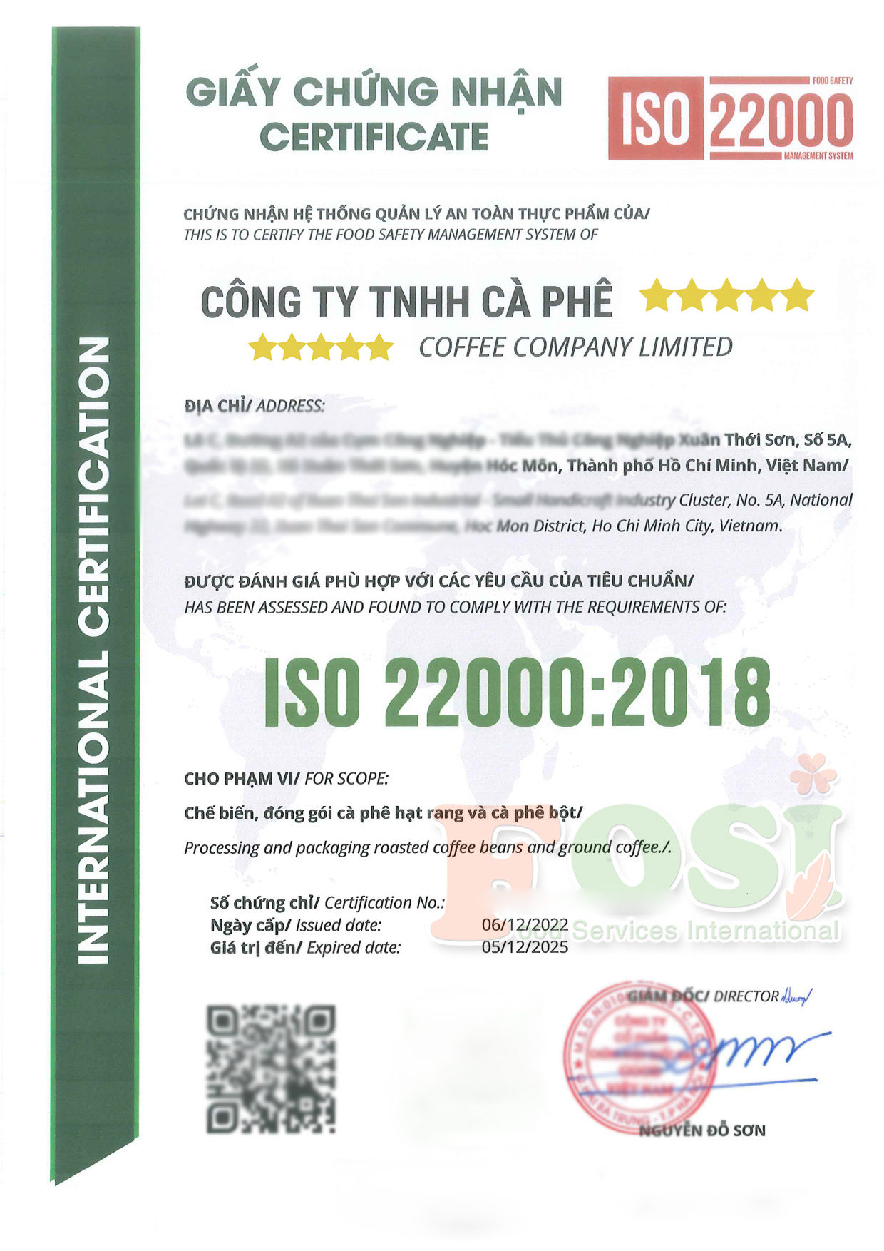 giấy chứng nhận ISO 22000:2018 của công ty cà phê